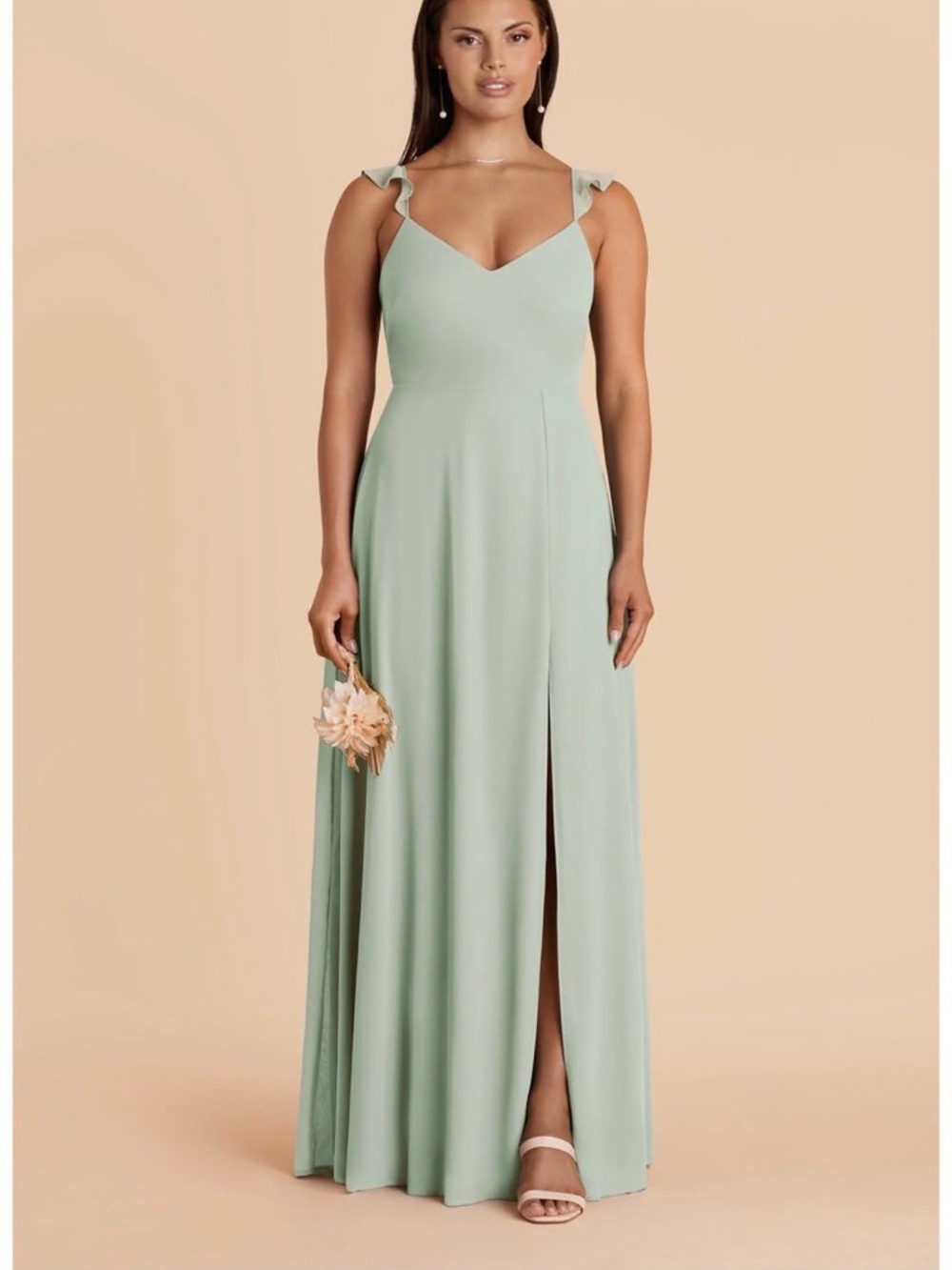 Birdy Grey Sage Green V-Neck Ruffle Strap Maxi Gown